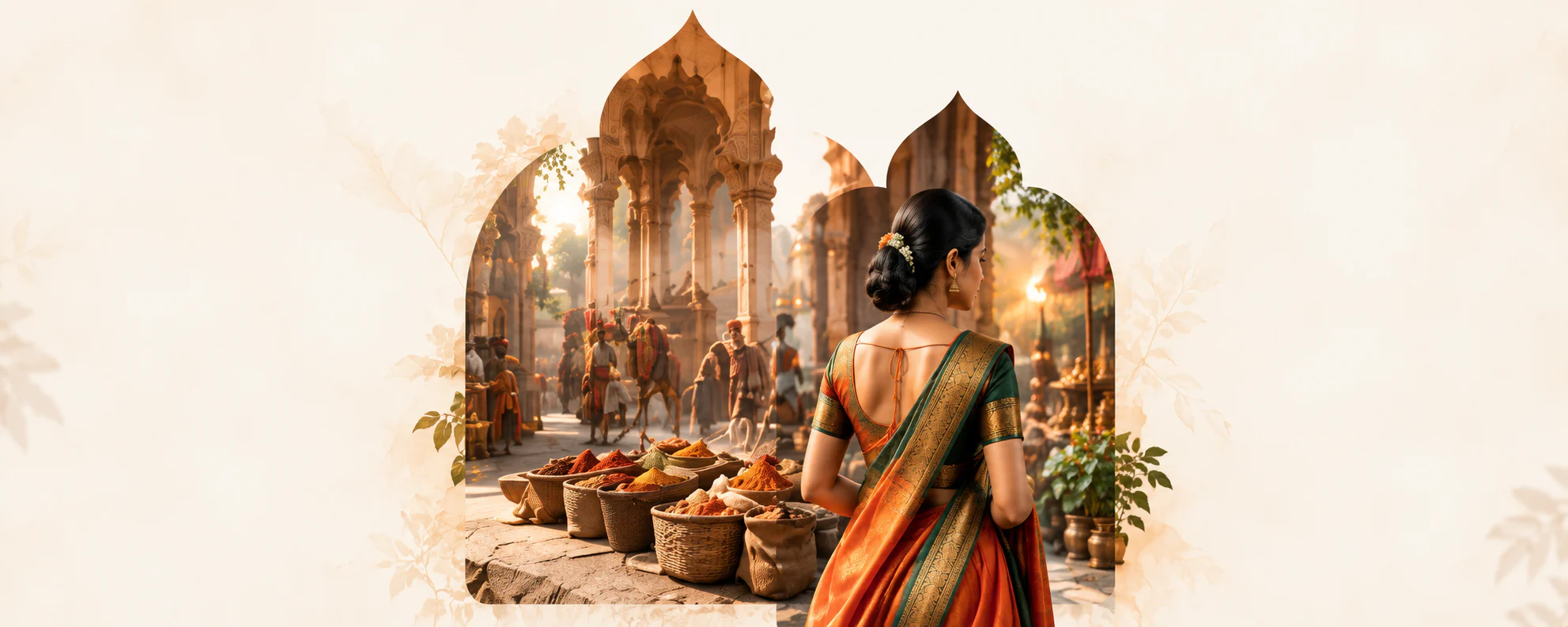 Indiaas erfgoed, een specerijenmarkt en een vrouw in traditionele kleding