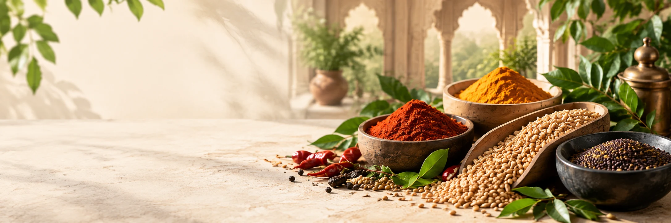 Indian spices, grains and curry leaves
